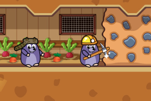 채소가 자라는 배경 앞에서 헬멧을 쓴 두더지가 곡괭이로 땅을 파고 있는 모습