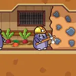 채소가 자라는 배경 앞에서 헬멧을 쓴 두더지가 곡괭이로 땅을 파고 있는 모습