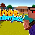 도끼를 든 블록 형태의 캐릭터와 NOOB Lumberjack라는 텍스트가 있는 밝은 풍경 배경 이미지