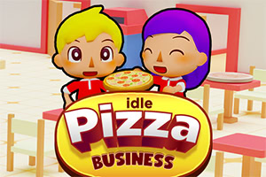피자 가게 실내를 배경으로 금발 소년과 보라색 머리 소녀 캐릭터가 웃고 있으며 중앙에 ‘idle Pizza BUSINESS’ 로고가 크게 보이는 일러스트
