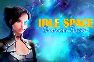 우주 배경 앞에 사이버 안경을 쓴 여성과 IDLE SPACE Business Tycoon 텍스트