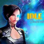 우주 배경 앞에 사이버 안경을 쓴 여성과 IDLE SPACE Business Tycoon 텍스트