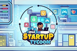 캐릭터가 노트북 앞에 앉아 있으며 주변에 다양한 앱 아이콘이 있고 IDLE STARTUP TYCOON이라는 텍스트가 있는 이미지