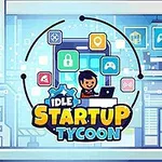 캐릭터가 노트북 앞에 앉아 있으며 주변에 다양한 앱 아이콘이 있고 IDLE STARTUP TYCOON이라는 텍스트가 있는 이미지