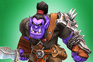 보라색 피부와 긴 머리를 가진 오크 전사가 갑옷을 입고 칼을 들고 있는 모습