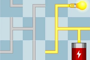 밝은 노란 전구와 배터리에 연결된 미로같은 회로가 있는 이미지