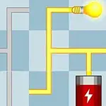 밝은 노란 전구와 배터리에 연결된 미로같은 회로가 있는 이미지