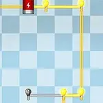 체커보드 패턴 배경 위에 배터리와 서로 연결된 전구들이 배치되어 있는 이미지