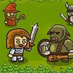 각기 다른 무기를 든 판타지 캐릭터들이 잔디밭 위에서 대치하고 있다