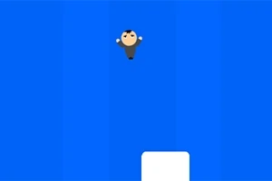 파란색 배경 위에 공중에 떠 있는 작은 캐릭터와 하단의 흰색 블록