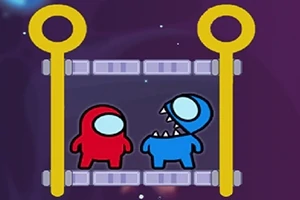 우주복을 입은 빨간색과 파란색 캐릭터가 두 개의 노란색 기둥 사이에 서 있는 장면