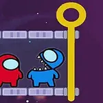 우주복을 입은 빨간색과 파란색 캐릭터가 두 개의 노란색 기둥 사이에 서 있는 장면