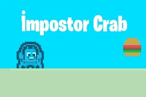 파란색 배경에 픽셀 스타일의 파란색 게와 햄버거 이미지, impostor Crab 텍스트가 있습니다
