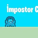 파란색 배경에 픽셀 스타일의 파란색 게와 햄버거 이미지, impostor Crab 텍스트가 있습니다
