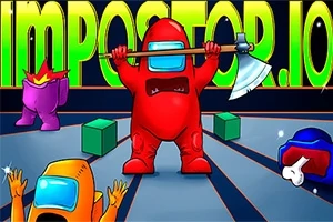 빨간 우주복을 입은 캐릭터가 도끼를 들고 있으며, 주황색과 보라색 캐릭터와 여러 개의 상자가 배경에 있는 장면