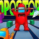 빨간 우주복을 입은 캐릭터가 도끼를 들고 있으며, 주황색과 보라색 캐릭터와 여러 개의 상자가 배경에 있는 장면