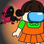 큰 파란색 헬멧을 쓴 작은 소녀 형태의 캐릭터가 있으며, 그녀의 양옆에는 붉은 옷을 입고 검은 헬멧을 쓴 두 명의 무장한 캐릭터가 서 있다