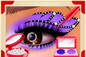 진한 눈 화장과 보라색 아이섀도우로 꾸민 눈, 화장품이 함께 놓여 있는 이미지