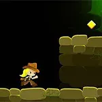 탐험 모자를 쓴 금발 캐릭터가 돌로 된 플랫폼에서 달리고 있으며, 옆에는 거대한 구르는 바위와 하늘에 황금 다이아몬드 두 개가 있다