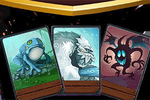 세 장의 카드에 각각 파란 개구리, 하얀 털이 많은 괴물, 검은 그림자 형상의 괴물이 그려져 있다