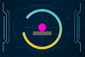 푸른 배경에 원형 게이지와 핑크색 원, 회색 바가 있는 디지털 인터페이스 그래픽