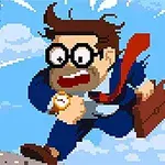 안경을 쓴 남자가 정장을 입고 서류 가방을 들고 하늘을 배경으로 뛰어가는 모습