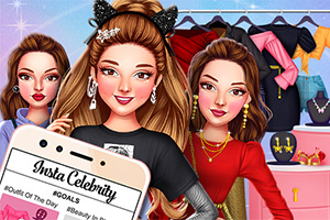 세 명의 스타일리시한 여성들이 옷장 앞에서 포즈를 취하고 있으며, 스마트폰 화면에 소셜 미디어 게시물이 보인다