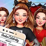 세 명의 스타일리시한 여성들이 옷장 앞에서 포즈를 취하고 있으며, 스마트폰 화면에 소셜 미디어 게시물이 보인다