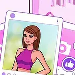 분홍색 배경 앞 사진에서 보라색 상의를 입은 여성이 중앙에 위치한 일러스트레이션