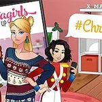 두 명의 여성이 크리스마스 테마로 꾸민 방에서 각각 크리스마스 스웨터와 장교 의상을 입고 있는 모습