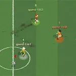 초록색 필드에서 각각 다른 방향으로 서 있는 네 명의 캐릭터와 중앙에 축구공이 놓여 있는 모습