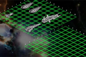 우주를 배경으로 녹색 격자판 위에 배치된 우주선들