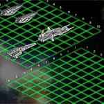 우주를 배경으로 녹색 격자판 위에 배치된 우주선들