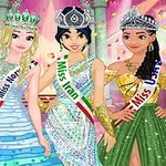 네 명의 여성들이 드레스를 입고 왕관을 쓴 채 미인 대회에서 국가별 참가자 띠를 두르고 포즈를 취하고 있다