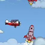 푸른 하늘 배경에 빨간 비행기와 우주선이 구름 사이를 날고 있는 장면