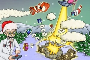 산타 모자를 쓴 과학자가 리모컨을 조작하여 우주선이 집을 공격하고 있는 장면