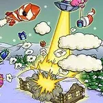 산타 모자를 쓴 과학자가 리모컨을 조작하여 우주선이 집을 공격하고 있는 장면