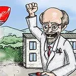 하늘을 향해 이륙하는 빨간 로켓과 이를 바라보며 기뻐하는 과학자