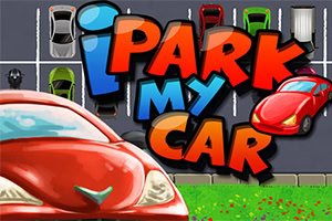 빨간색 자동차 두 대와 다채로운 색상의 자동차들이 주차된 주차장 위에 i Park My Car라는 글자가 있는 이미지