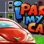 빨간색 자동차 두 대와 다채로운 색상의 자동차들이 주차된 주차장 위에 i Park My Car라는 글자가 있는 이미지