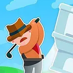 모자 쓴 남성이 변기를 골프채로 치는 장면