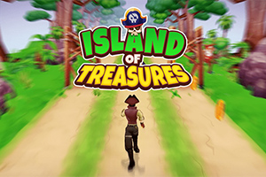 해적 모자가 있는 로고와 함께 숲길을 달리는 해적 캐릭터