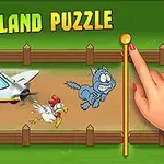 비행기, 닭, 고양이가 울타리 안에서 달리는 장면과 손가락이 오른쪽 막대를 잡고 있는 모습