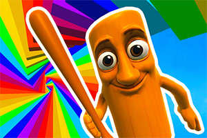 밝은 무지개색 배경 앞에 야구 방망이를 든 만화 캐릭터