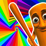 밝은 무지개색 배경 앞에 야구 방망이를 든 만화 캐릭터