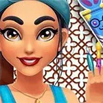 헤어밴드를 쓴 젊은 여성이 미소를 지으며 페인트 붓을 들고 있는 모습