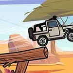 사막 배경에서 나무 다리를 건너 점프하는 자동차