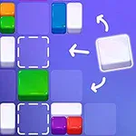 다양한 색깔의 블록들이 보라색 배경 위에 배치되어 있으며, 흰색 화살표가 큐브의 이동 방향을 나타냅니다