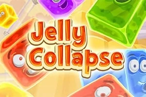 알록달록한 젤리 블록들이 배경에 있고, 중앙에 Jelly Collapse라는 텍스트가 있는 이미지