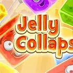 알록달록한 젤리 블록들이 배경에 있고, 중앙에 Jelly Collapse라는 텍스트가 있는 이미지